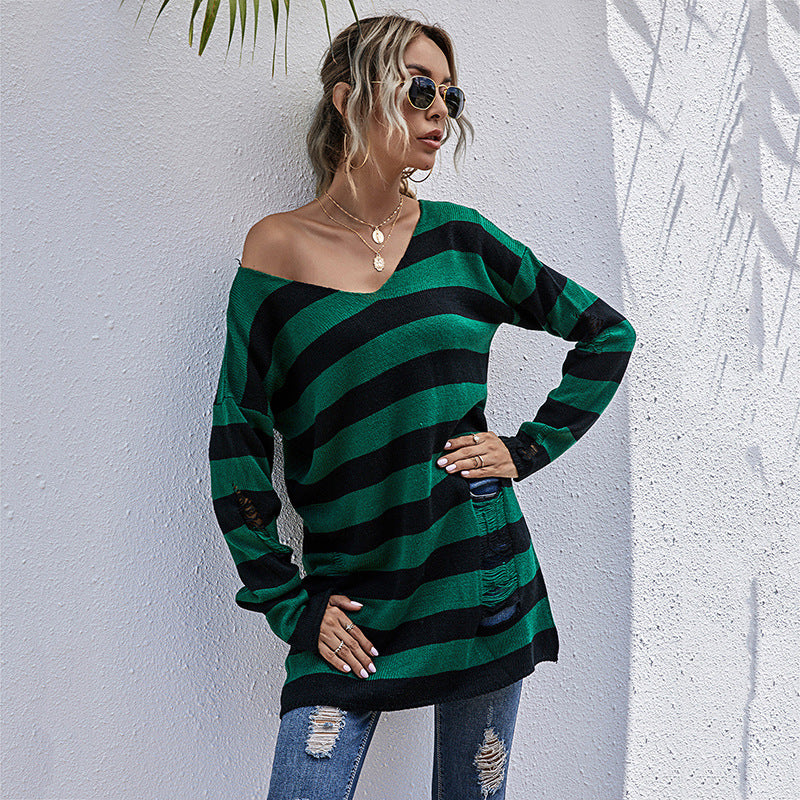 Dame stribet Oversized Pullover med dyb V-udskæring og trendy Cut-Outs Stilla