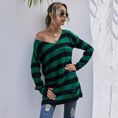 Dame stribet Oversized Pullover med dyb V-udskæring og trendy Cut-Outs Stilla