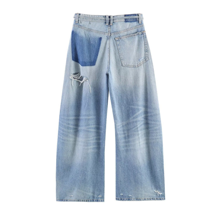 Dame bred jeans i destroyed-look med justerbar talje Skovae
