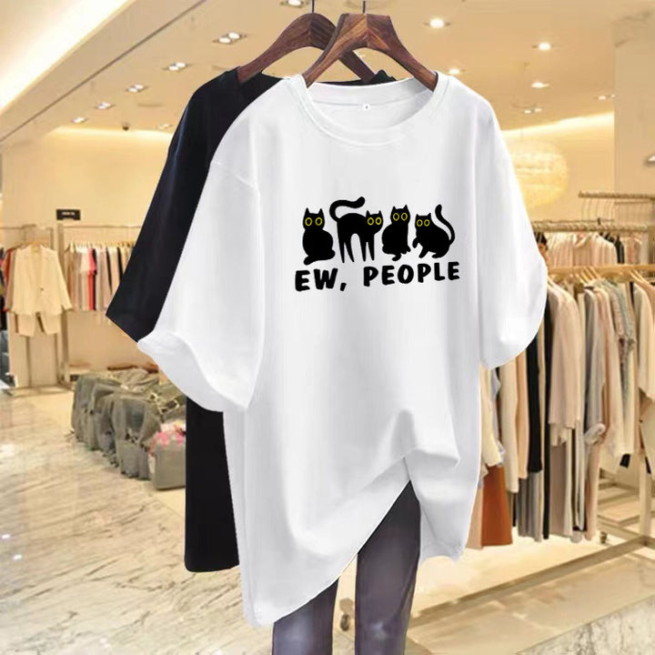 Dame T-shirt med humoristisk katte-design og casual pasform Stilla