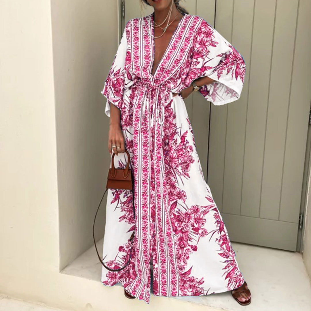 Dame let kaftan med kunstnerisk blomsterdesign og elegante detaljer Stilla