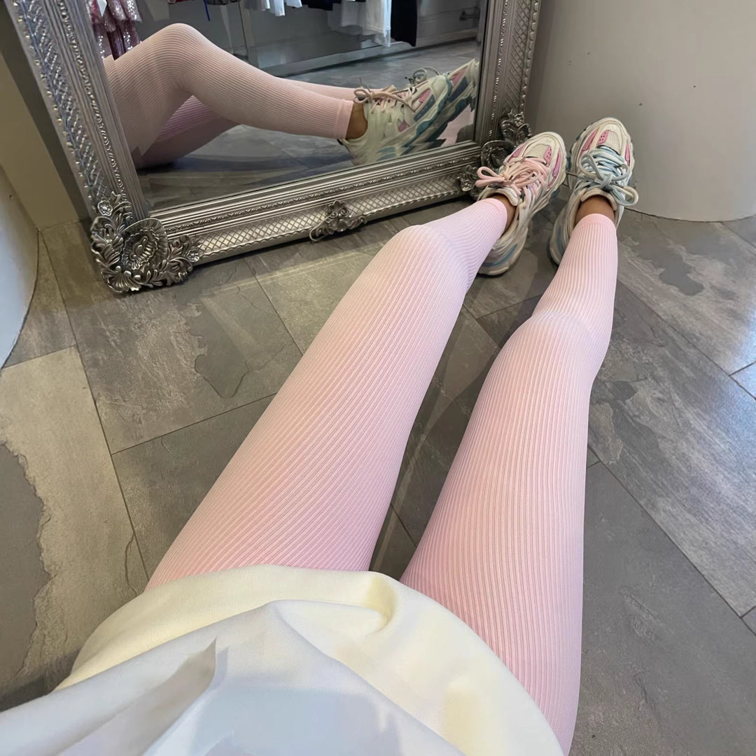 Dame Høj Kvalitet Ribbet Design Leggings med Høj Talje Skovae