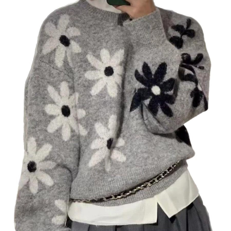 Kvinders strikket sweater med blomstret mønster og afslappet pasform Stilla