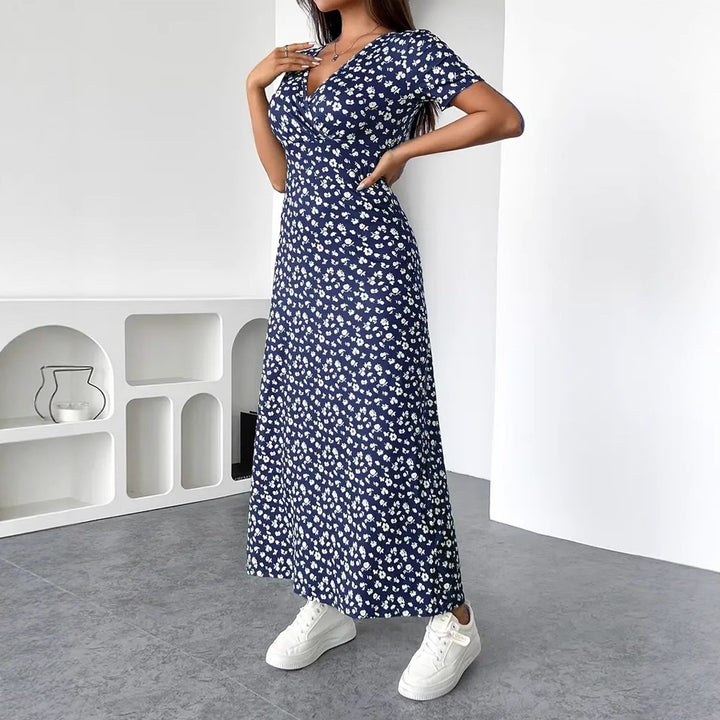 Dame nan taillérisk Jersey-midi kjole med crossover-overdel, korte ærmer og udstillet skirt Skovae