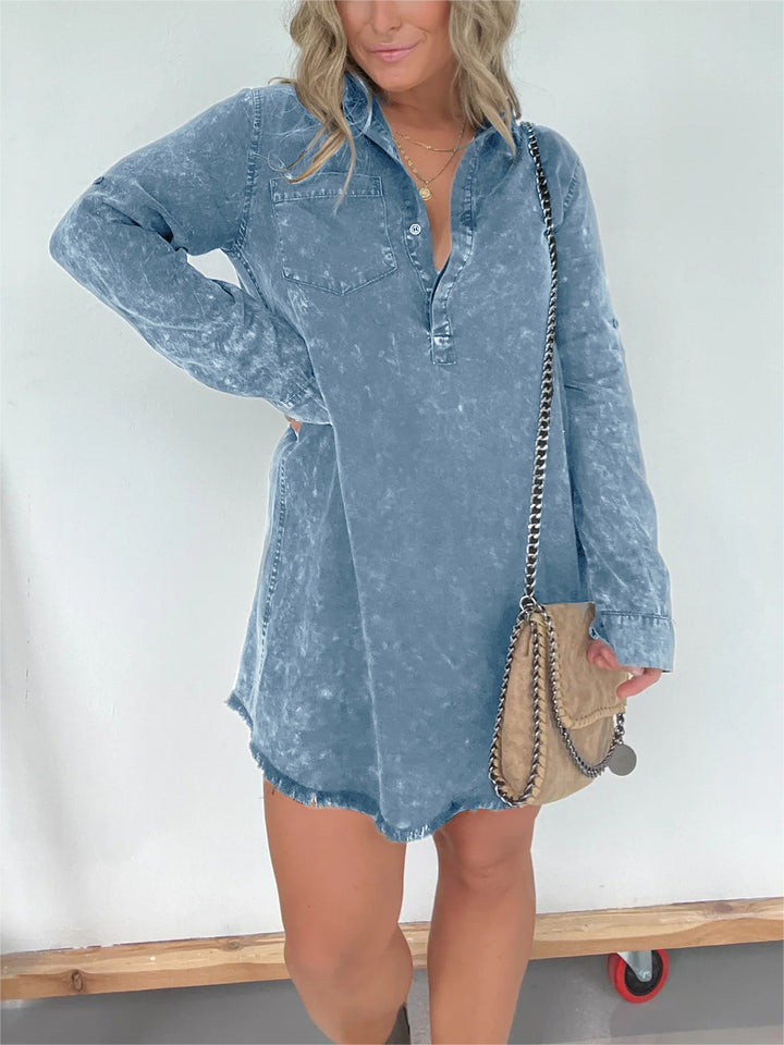 Dame Denim-langærmet kjole med struktureret fløjl-design og knapbar liste Stilla