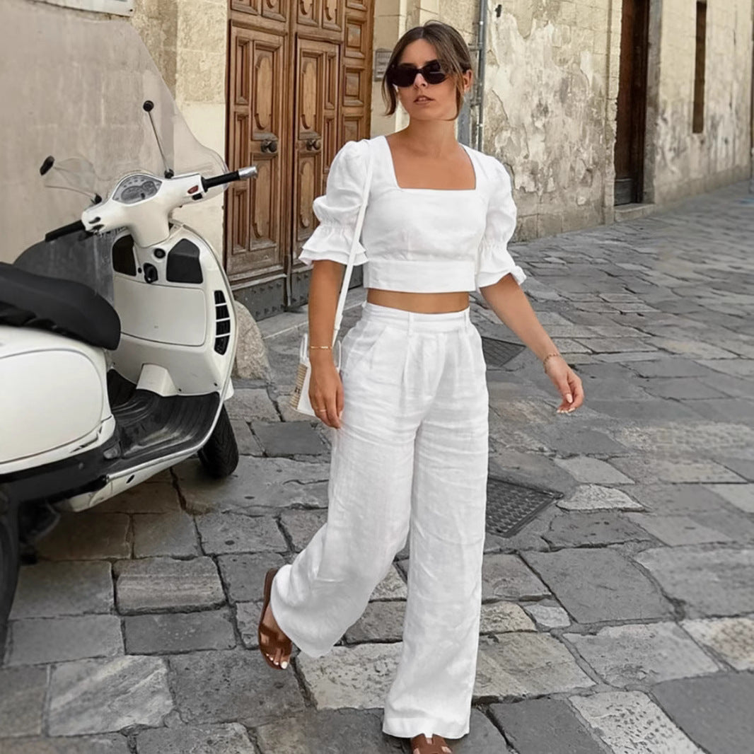 Dame elegant linned crop-top og bred palazzo-bukser sæt Stilla