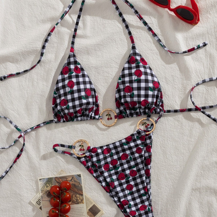 Dame triangel-bikini med legende ternet mønster og frugtagtig applikation Skovae