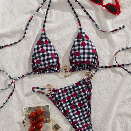 Dame triangel-bikini med legende ternet mønster og frugtagtig applikation Skovae