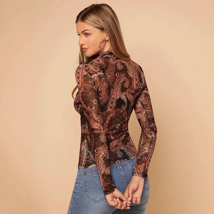Dame nan figurbetonede halvtransparente Paisley-Meshshirt med ståkrave og lange ærmer Skovae