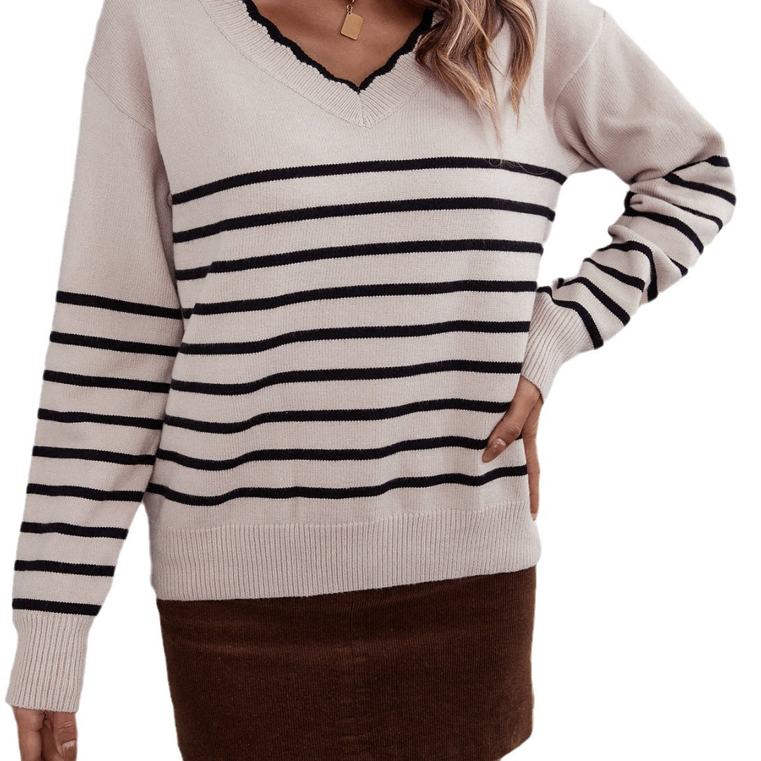 Damer fashionable V-hals pullover med stribemønster Stilla
