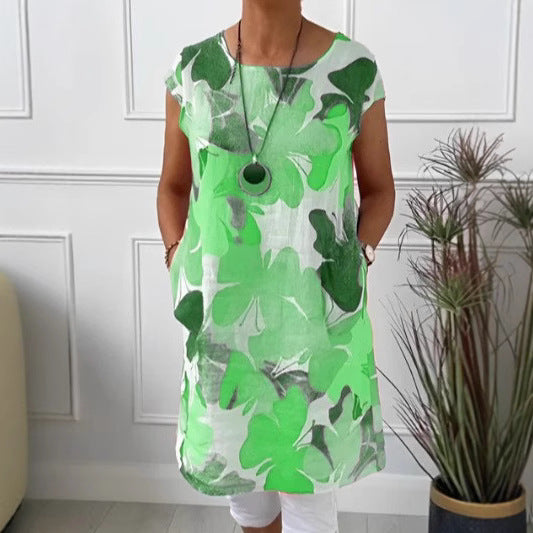 Dame nan let tunika-midi kjole lavet af linnedmix med akvarelblomsterprint og sidelommer Skovae
