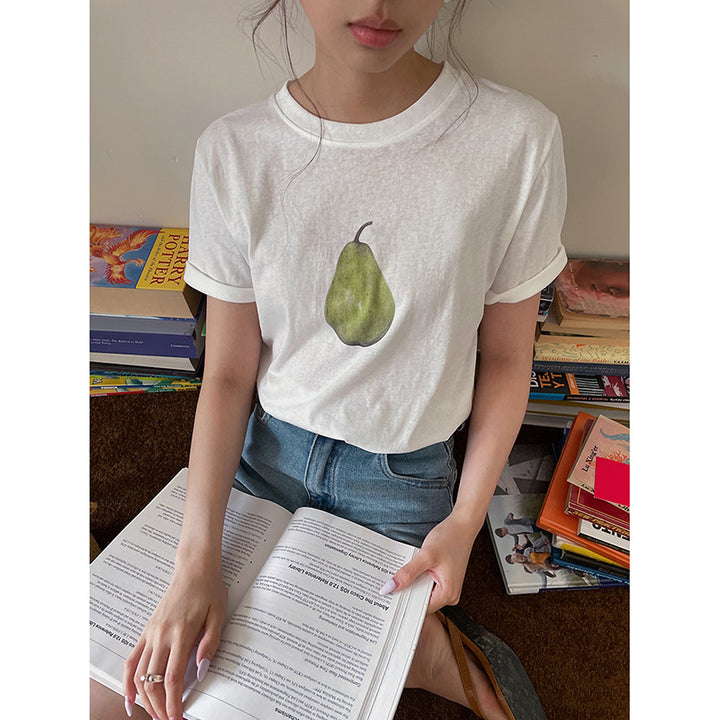 Dame T-shirt med kreativt frugtmotiv og kvalitetsbomuldsstof Stilla