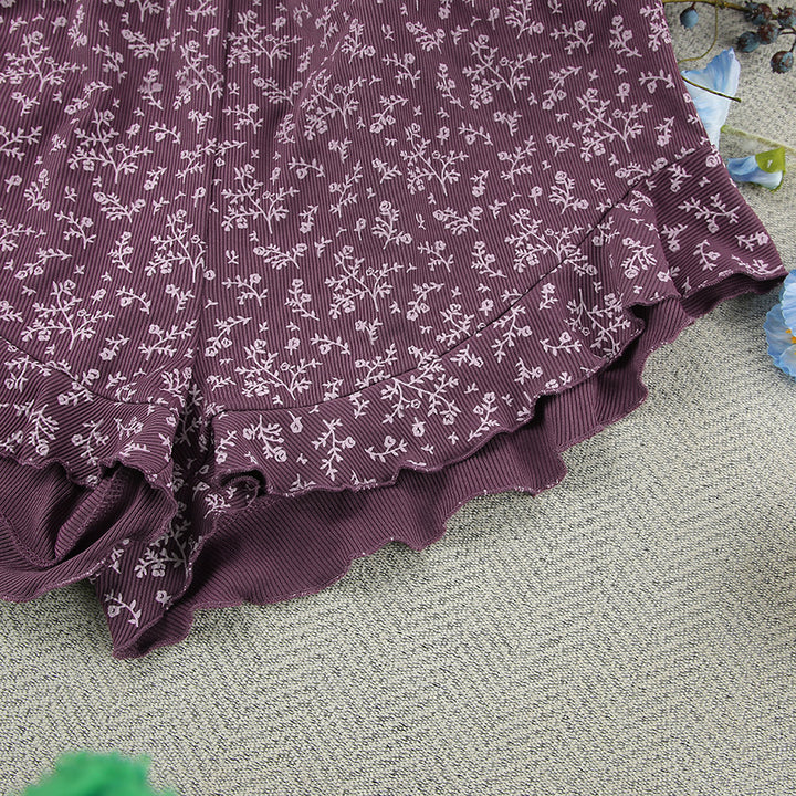 Dame afslappende Top- og shorts-sæt med legende blomsterprint og voluminøse ærmer Stilla