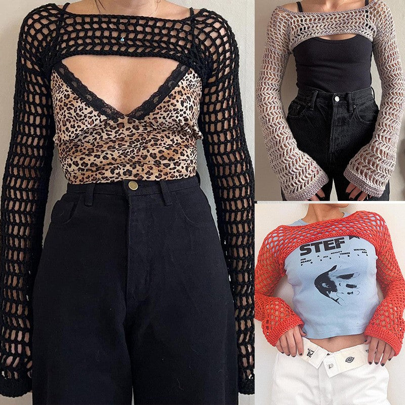 Dame hæklede langærmet top med off-shoulder design Skovae