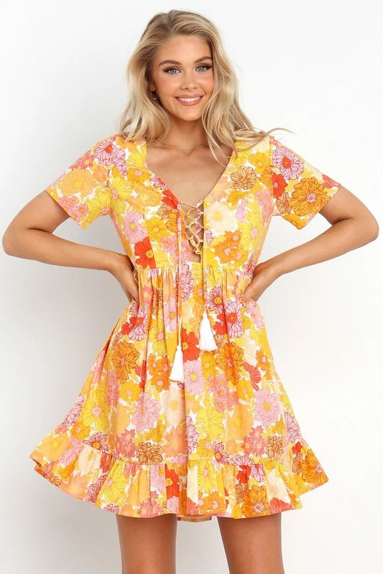 Femme Floral Snøre Shift Kjole Stilla