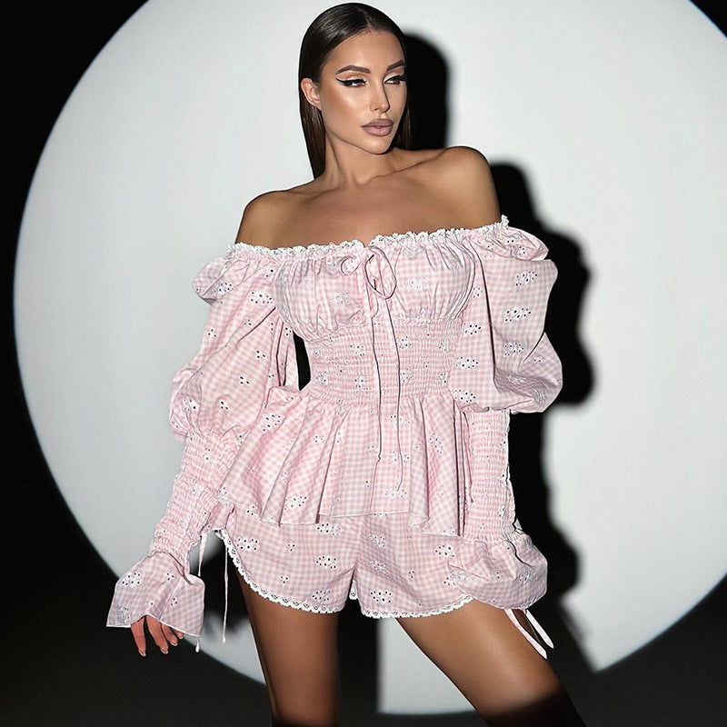 Dame Off-Shoulder Bluse med Puffærmer og rynket kant Stilla