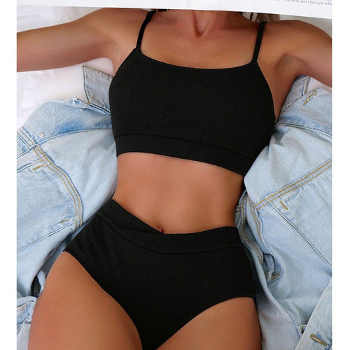 Dame High-Waist Bikini Sæt med sporty Crop-Top og Ribstruktur Skovae