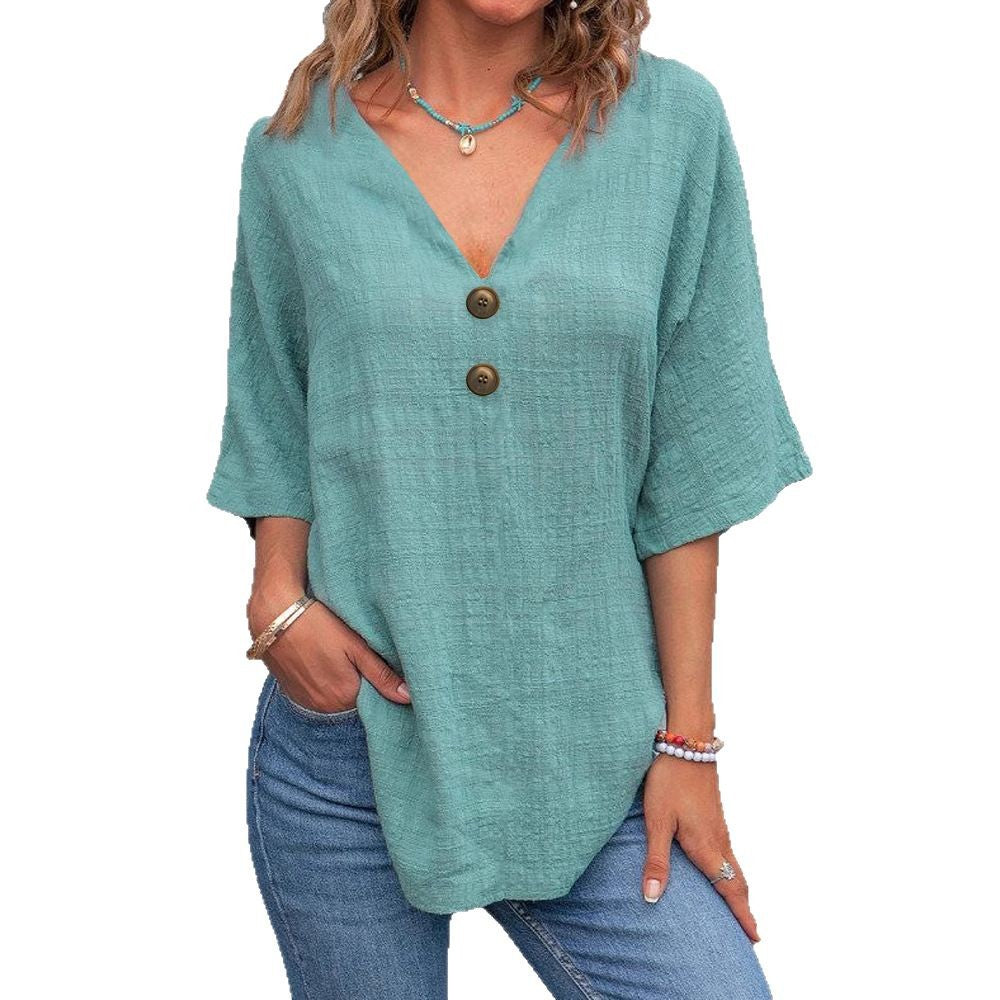 Dame V-hals bluse med knapdetaljer Skovae