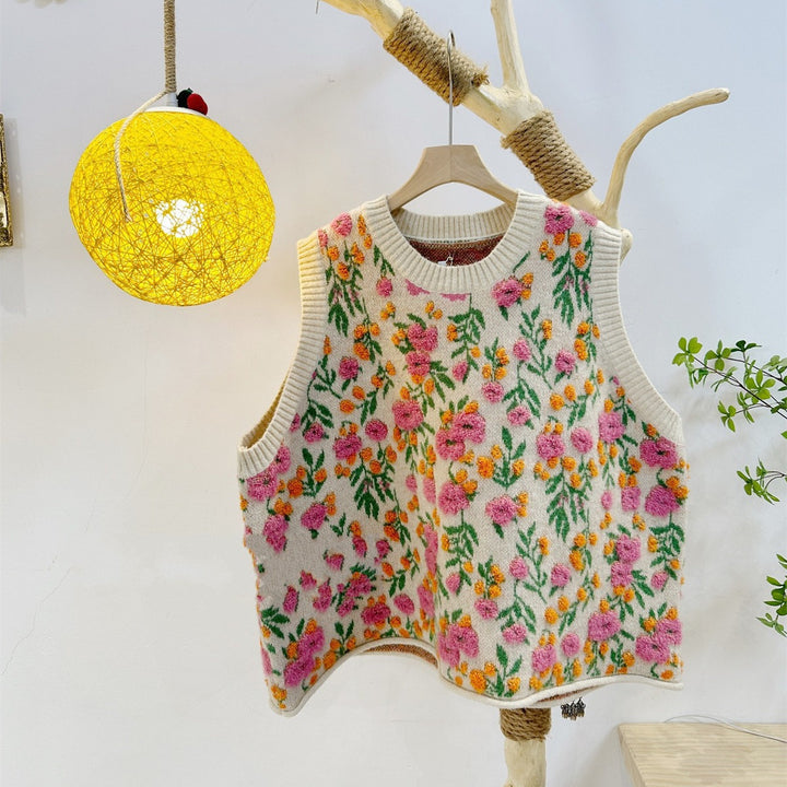 Kvindernes løse strikket sweater med blomstermønster Stilla