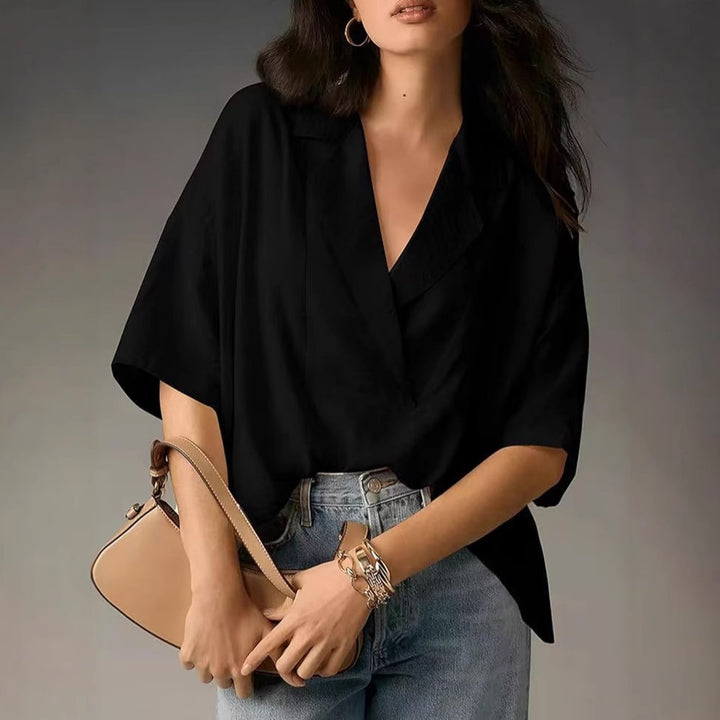 Dame løs oversized bluseoverdel med elegant krave og V-hals Skovae