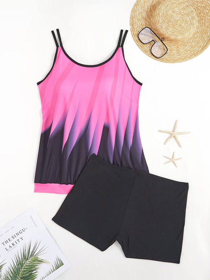 Dame sporty tankini sæt med farverigt top og komfortable shorts Skovae