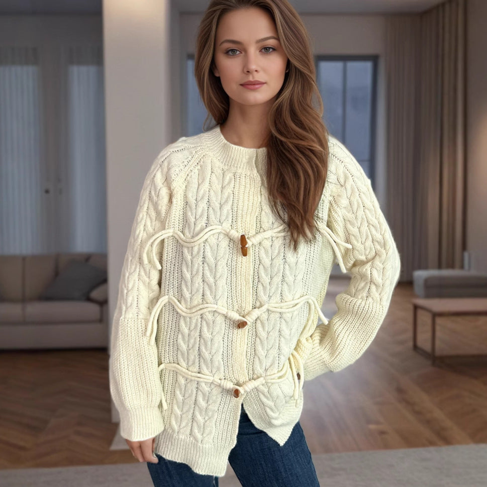 Women's chunky knit cardigan with unique drawstring and decorative wooden buttons Stilla
