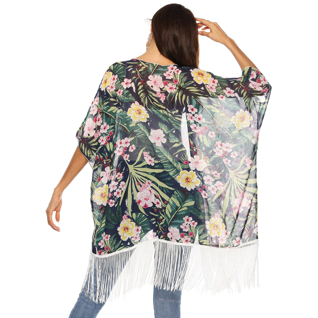 Dame kimono med blomsterdesign og frynser Skovae