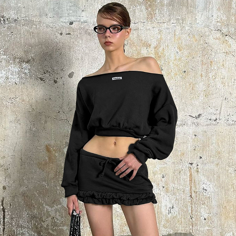 Dame Casual Sweatshirt og Kort Nederdel Sæt med Rynket Kant og Asymmetrisk Design Stilla