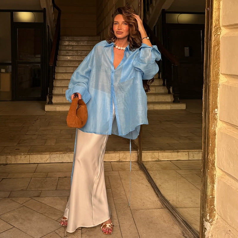 Damer Luftig Linnedbluse med Bindebælte og Oversized Snit Stilla