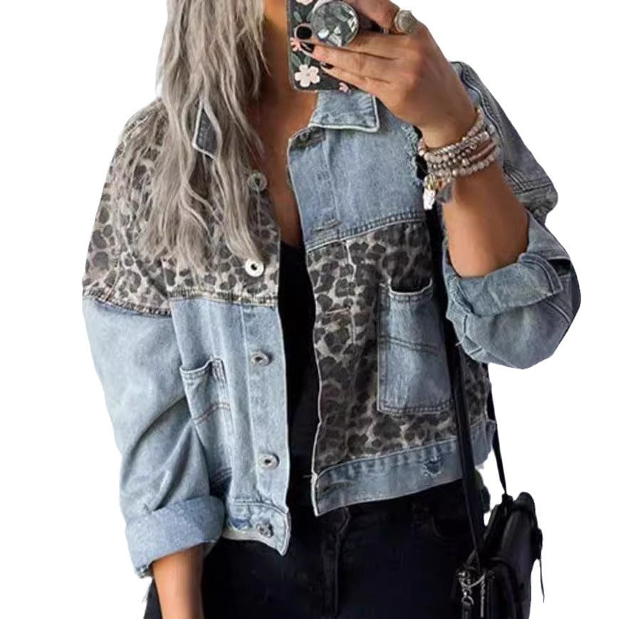 Damejeansjakke med leopardprint og afslappet snit Stilla