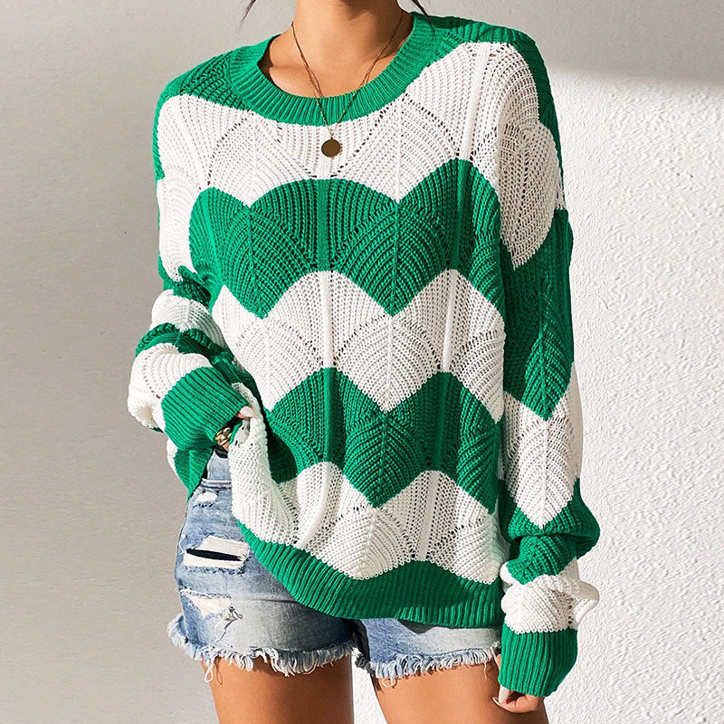 Kvinders strikket sweater med bølget mønster og løs pasform Stilla