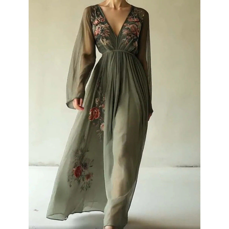 Dame Broderet Chiffon Maxi Kjole Stilla