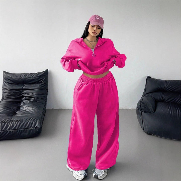 Damerne komfortable fleece loungewear sæt med løs pasform og halvlængde lynlås Skovae