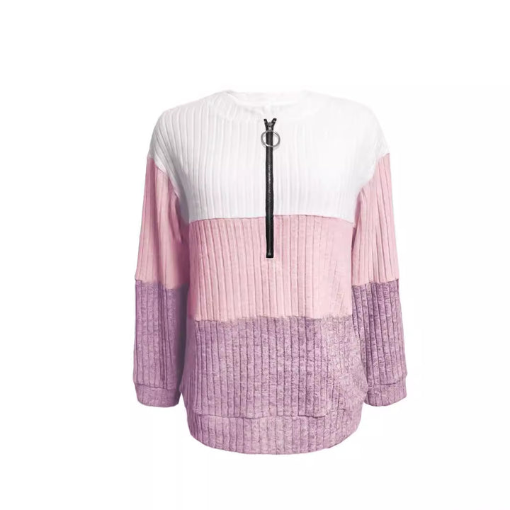 Dame nan ribbet lang pullover med ring lynlås og farveblok struktur Skovae