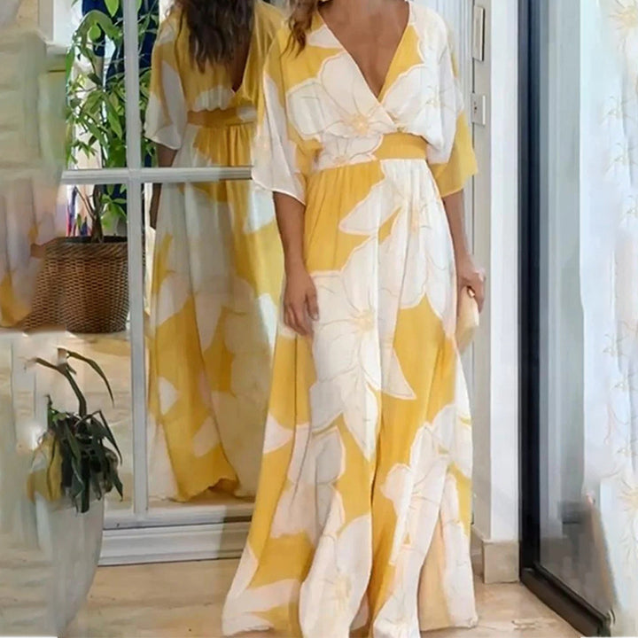 Dame Elegant Maxi Kjole med dyb V-udskæring og vidunderlige Flæseærmer Stilla