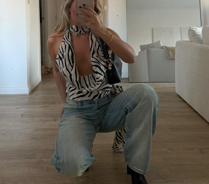 Dame haltertop med moderne zebra mønster Stilla