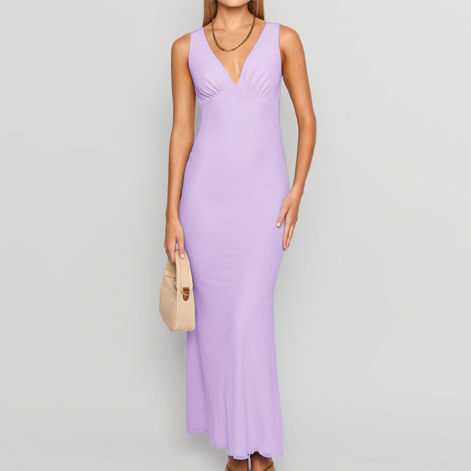 Dame elegant Maxi kjole med dyb V-hals og figursyet snit Stilla