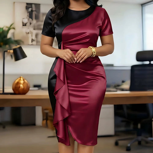 Dame Elegant omslagkjole med draperingsdetalje og kontrasterende farver Skovae