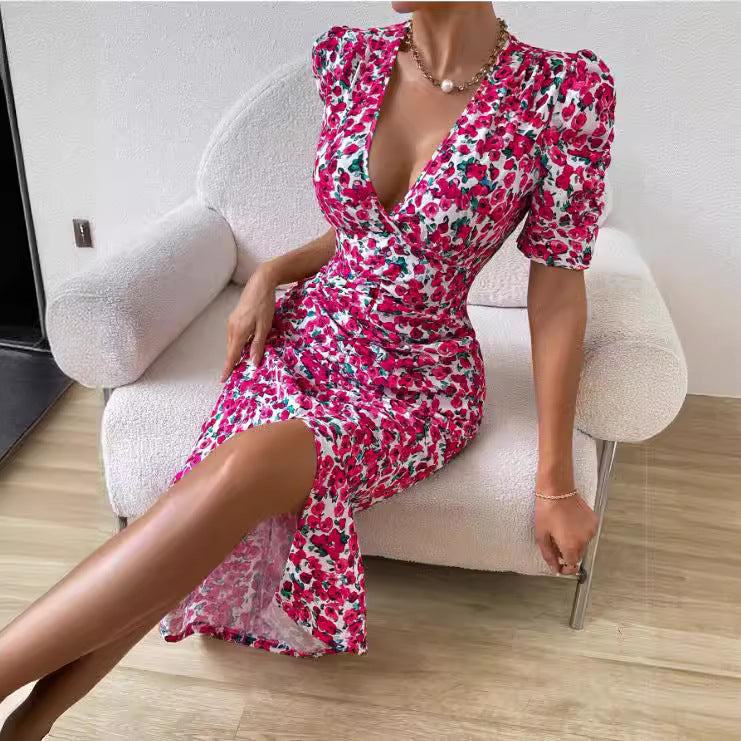 Dame omslagskjorte med elegante puffærmer og blomstermotiv Stilla