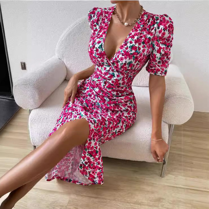Dame omslagskjorte med elegante puffærmer og blomstermotiv Stilla
