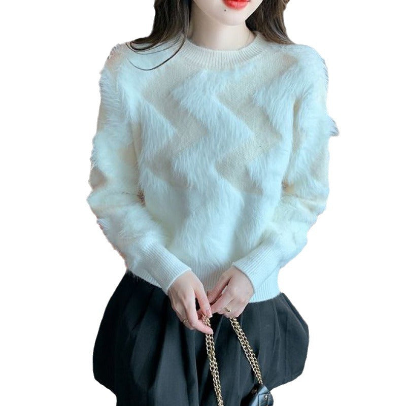 Kvinders fluffy sweater med geometrisk mønster og løst fit Stilla