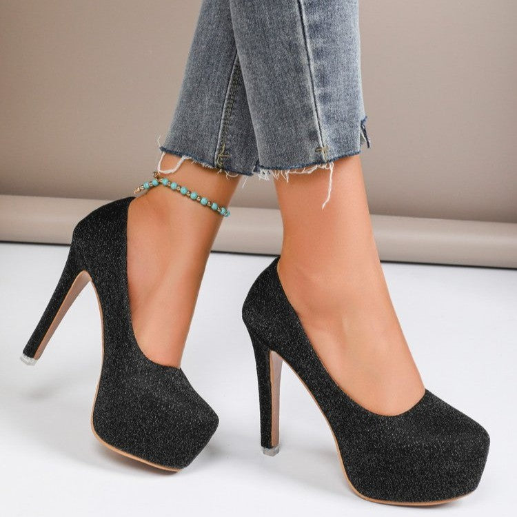 Dame højhælede pumps med glitrende glitter og behagelig plateau-sål Stilla