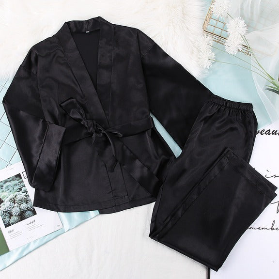 Dame Satin Pyjamas Sæt med elegant Kimono Overdel og brede Bukser Stilla