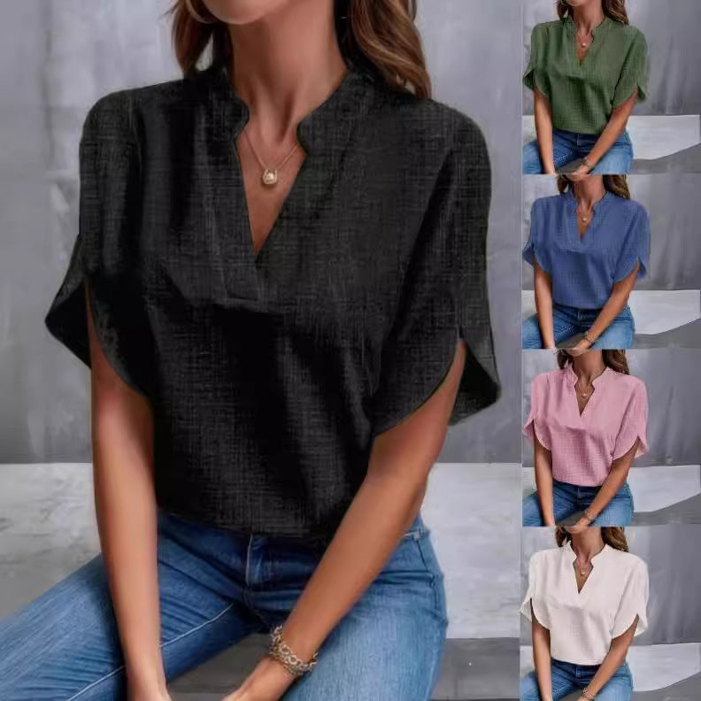 Dame elegant kortærmet bluse med smart ståkrave og luftig snit Stilla