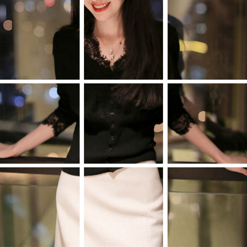 Dame elegant strikbluse med romantiske spidsdetaljer Stilla