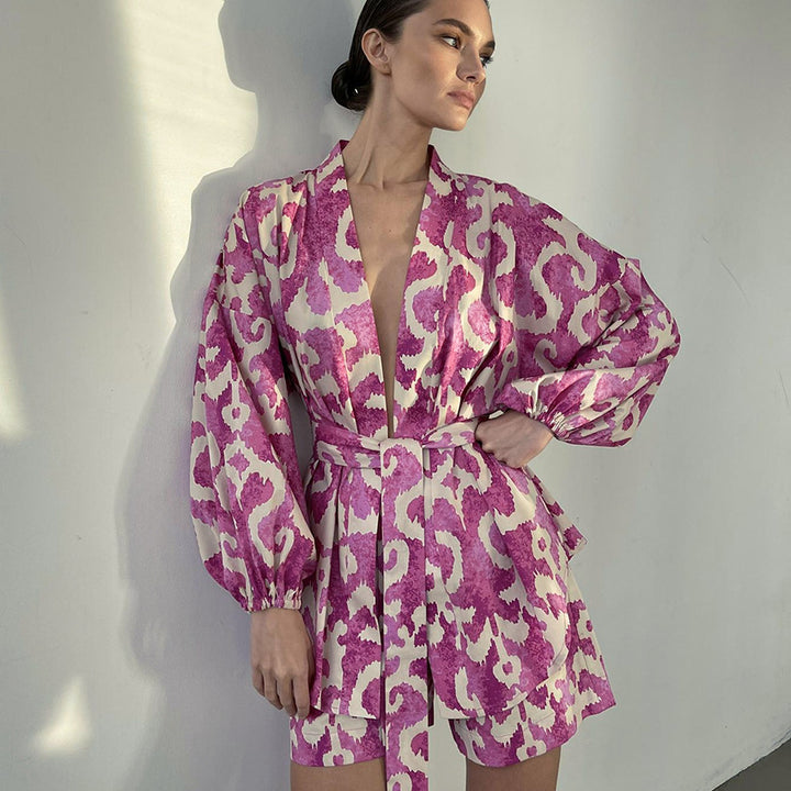 Dame Kimono-Shorts Sæt i luksuriøs Satin med blomsterdesign Stilla