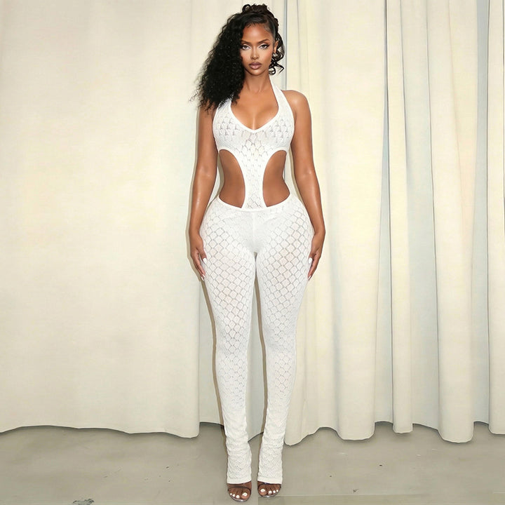Dame Cut-Out Bodycon Overall med dyb V-udskæring og transparent hæklestruktur Skovae