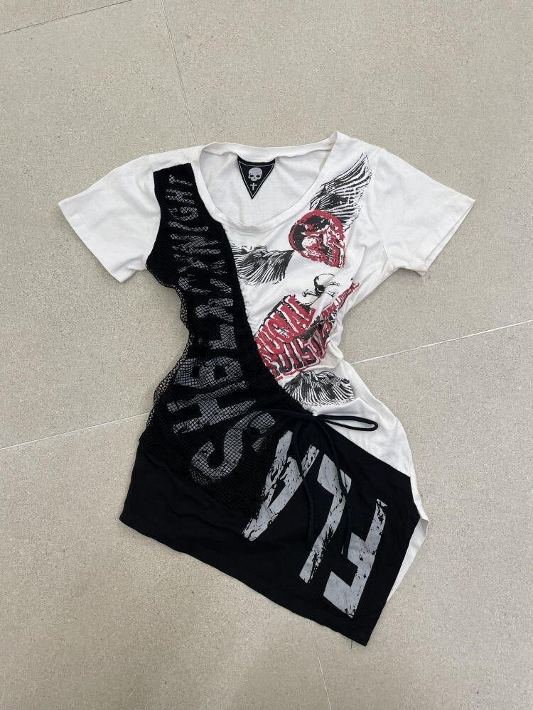 Dame afslappet T-shirt med unikt grafikdesign og sporty mesh-indlæg Skovae