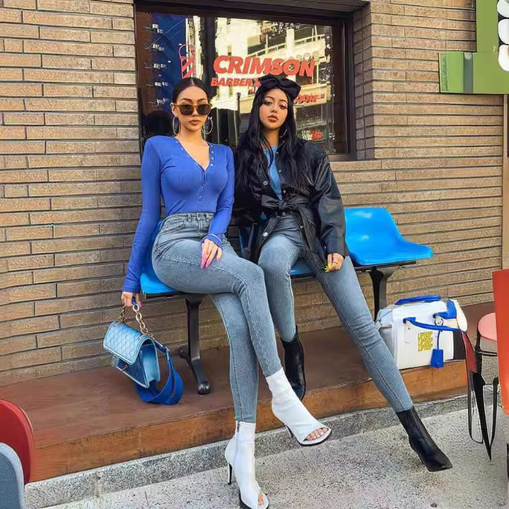 Dame skinny jeans med højt liv og skulpturerende effekt Skovae