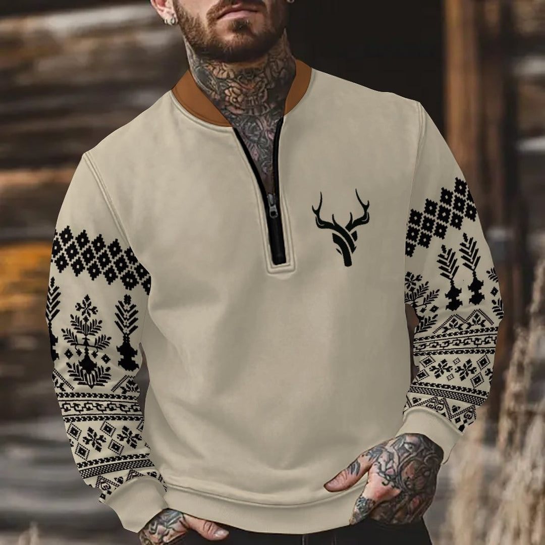 Herrer sweater med lynlåskrave og folkloristisk design Stilla